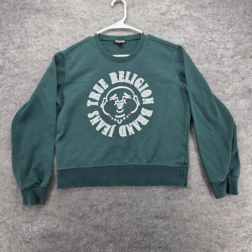 True Religion Sweatshirt Mens Medium Green Buddha Relaxed Pullover Crewneck Logo